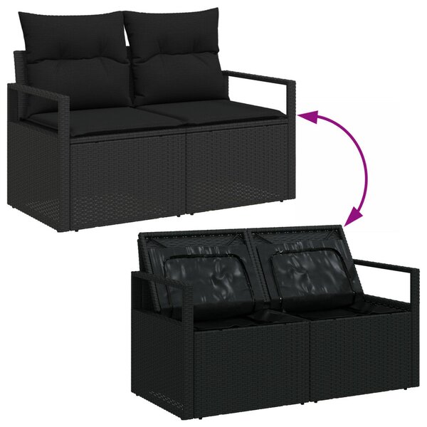 5 részes kert kanapé szett párnákkal fekete poli rattan, 2-üléses kert kanapé tárolóval és párnákkal fekete poli rattan
