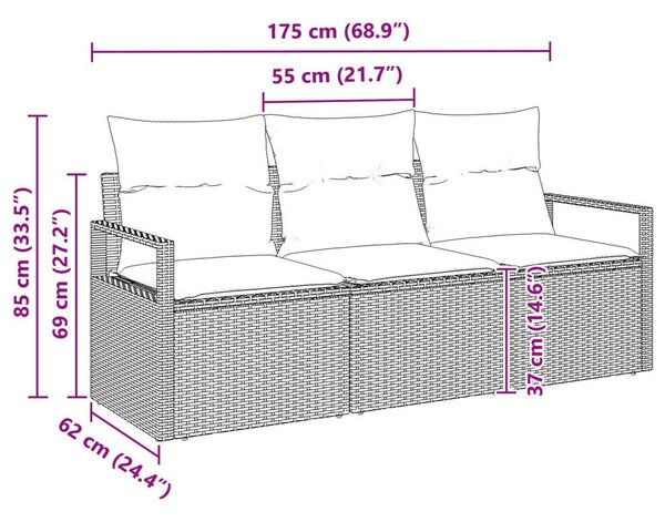 3 darabos Kerti Kanapé Szett Párnákkal Bézs Poli Rattan, 2 Személyes Kerti Kanapé Párnákkal Bézs Poli Rattan