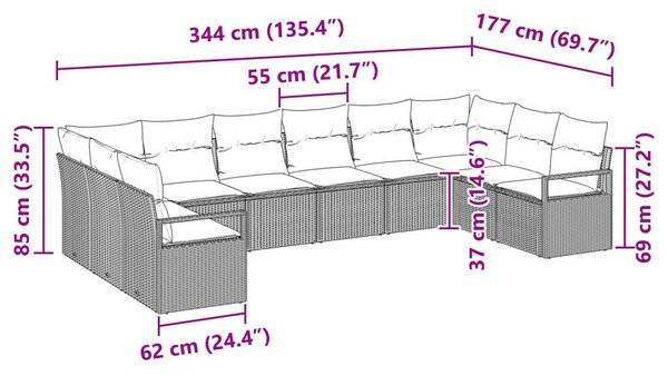 10 részes kerti kanapé szett párnákkal Világosszürke Poli Rattan, 2 személyes kerti kanapé párnákkal Szürke Poli Rattan
