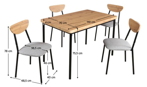 Étkezőgarnitúra 1+4, világos tölgy/szürke/fekete, MADIO