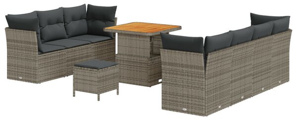 10 darabos kertibútor készlet párnákkal szürke poli rattan akáccal, 3 darabos kerti étkező szett párnákkal szürke poli rattan akáccal