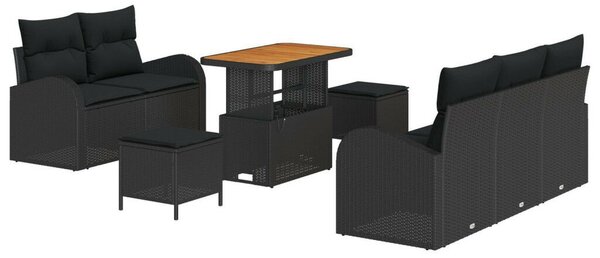 8 darabos kerti kanapé szett párnákkal fekete poli rattan akáciából, 2 személyes kerti kanapé tárolóval és párnákkal fekete poli rattan, 3 darabos kerti étkező szett párnákkal fekete poli rattan akáciából