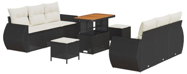 9 darabos kertibútor szett párnákkal fekete poly rattan akácia, 3 darabos kertivacsora szett párnákkal fekete poly rattan akácia