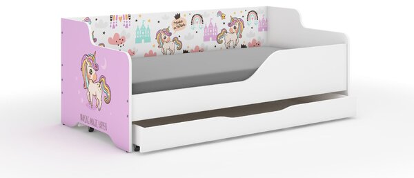 LILU gyerekágy laminált fronttal és oldallal 160x80cm matraccal és ágyneműtartóval - rózsaszín unikornis