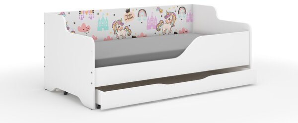 LILU gyerekágy laminált oldallal 160x80cm matraccal és ágyneműtartóval - szivárvány unikornis