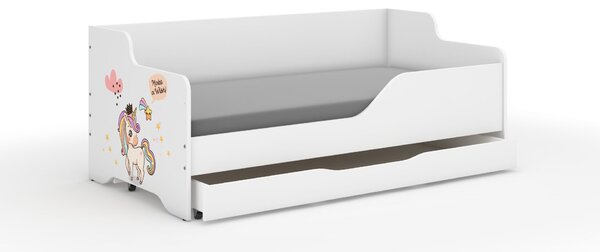 LILU gyerekágy laminált fronttal 160x80cm matraccal és ágyneműtartóval - szirvárvány unikornis