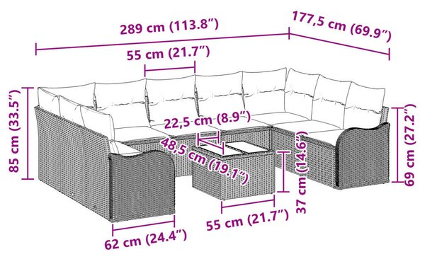 10 részes kerti kanapé szett párnákkal, szürke poli rattan, 2 fős kerti kanapé párnákkal, világosszürke poli rattan