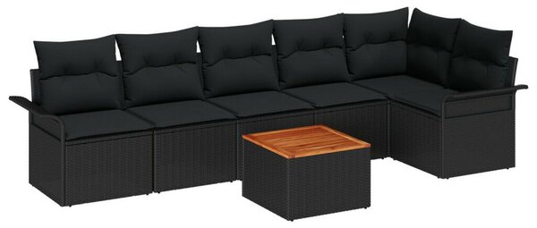 7 részes kerti kanapé szett párnákkal Fekete Poli Rattan Akác, 2 személyes kerti kanapé tárolóval és párnákkal Fekete Poli Rattan
