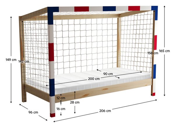 Montessori ágy, természetes/fehér/kék/piros, 90x200, FUTAL