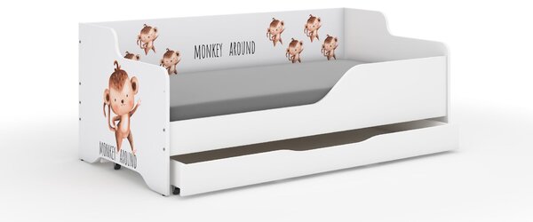 LILU gyerekágy laminált fronttal és oldallal 160x80cm matraccal és ágyneműtartóval - majom