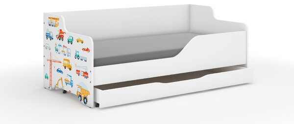 LILU gyerekágy laminált fronttal 160x80cm matraccal és ágyneműtartóval - járgányok