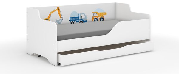 LILU gyerekágy laminált oldallal 160x80cm matraccal és ágyneműtartóval - járgányok