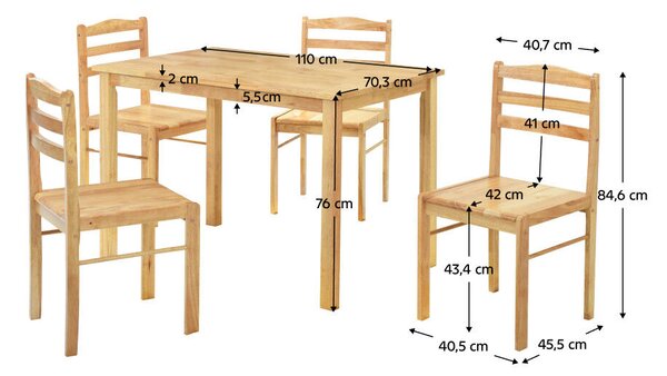 Étkezőgarnitúra 1+4, tömör fa, természetes, LOAK