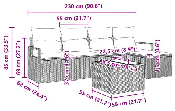 5 darabos kert kanapészett párnákkal fekete poli rattan