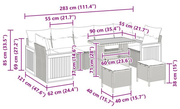 10 darabos kerti kanapé szett párnákkal fekete poli rattan akácfával