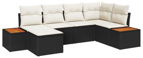 6 Részes Kert Kanapé Szett Párnákkal Fekete Poli Rattan Acacia