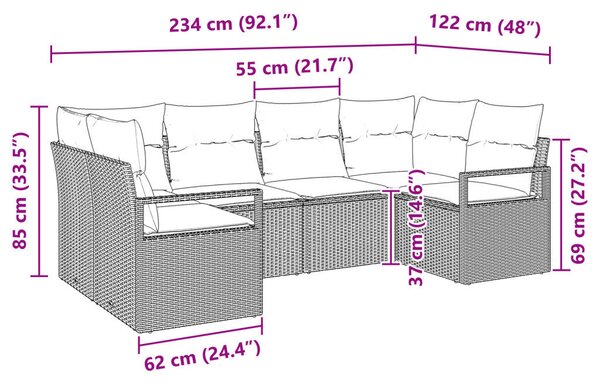6 Részes Kert Kanapé Szett Párnákkal Világosszürke Poli Rattan