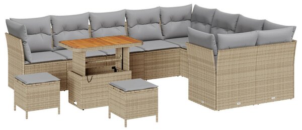 12 Darabos Kert Sofa Szett Párnákkal Bézs Poli Rattan Akácia