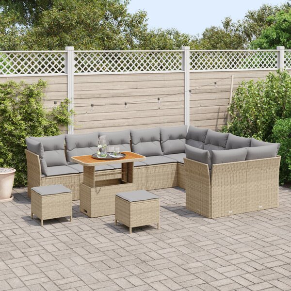 12 Darabos Kert Sofa Szett Párnákkal Bézs Poli Rattan Akácia