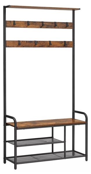 Előszoba fogas polccal, akasztókkal, cipőtartóval és ülőkével, rusztikus barna 85x30x180cm