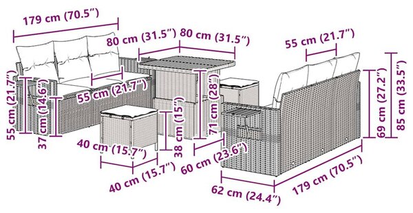 VidaXL Kerti Kanapé Szett párnával 9 pcs Fekete polirattan