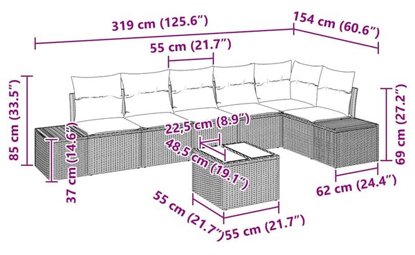 Kerti Kanapé Szett 7 pcs Barna és krémszínű Poli rattan