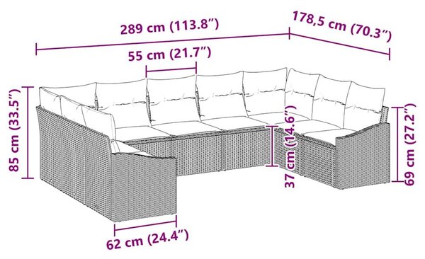 VidaXL Kanapé Szett párnával 9 pcs Bézs polirattan