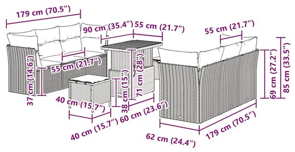 VidaXL Kerti Kanapé Szett 9 pcs Bézs polirattan