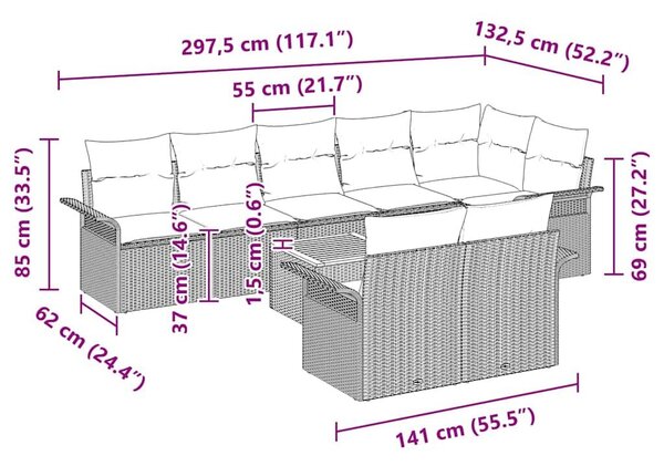 VidaXL Kerti Kanapé Szett párnával 9 pcs Fekete polirattan