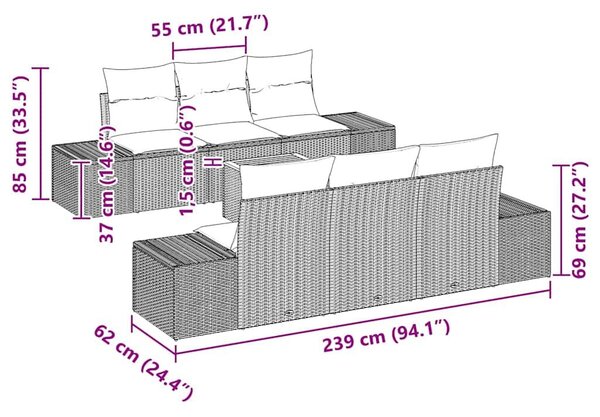VidaXL Kerti Kanapé Szett párnával 7 pcs Bézs polirattan