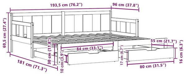 VidaXL kihúzható heverő fiókokkal matrac nélkül 90 x 190 cm