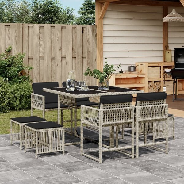 VidaXL 9részes világosszürke polyrattan kerti étkezőgarnitúra párnával