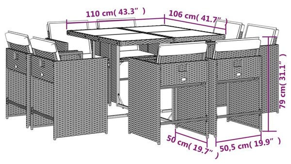 VidaXL 9 részes bézs polyrattan kerti étkezőgarnitúra párnákkal