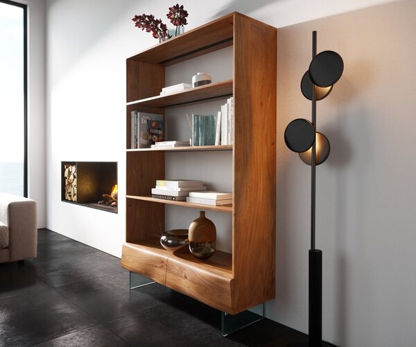 DELIFE Polcok New Live-Edge 115x150 cm akác természetes 2 fiók üvegláb lebegő