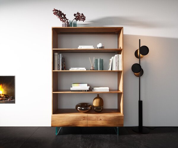 DELIFE Polcok New Live-Edge 115x150 cm akác természetes 2 fiók üvegláb lebegő