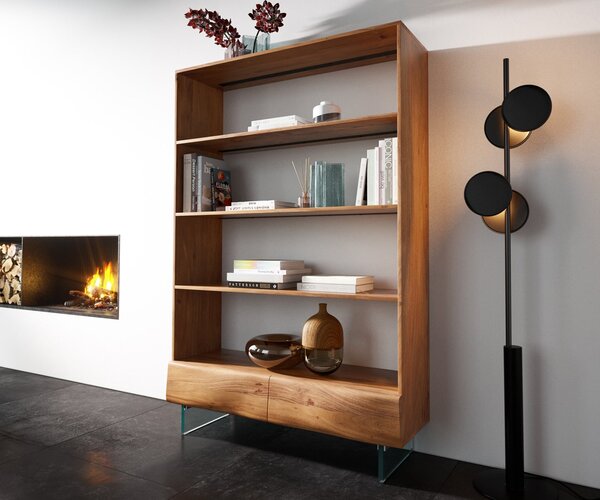DELIFE Polcok New Live-Edge 115x150 cm akác természetes 2 fiók üvegláb lebegő