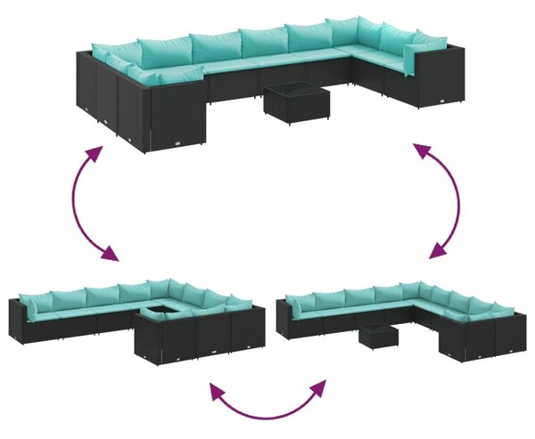 VidaXL 10 részes fekete polyrattan kerti ülőgarnitúra párnákkal