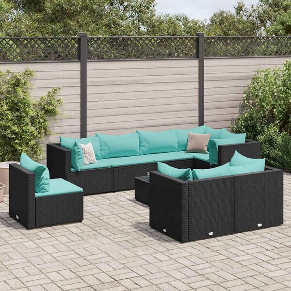 VidaXL 9 részes fekete polyrattan kerti ülőgarnitúra párnákkal