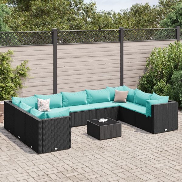 VidaXL 10 részes fekete polyrattan kerti ülőgarnitúra párnákkal