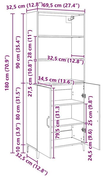 VidaXL Magasfiú Fekete tölgy 69,5 x 32,5 x 180 cm Szerelt Fa