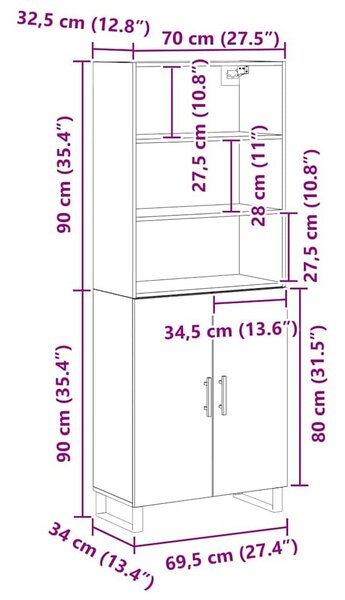 VidaXL Magasfiú 2 db Fekete tölgy 69,5 x 34 x 180 cm