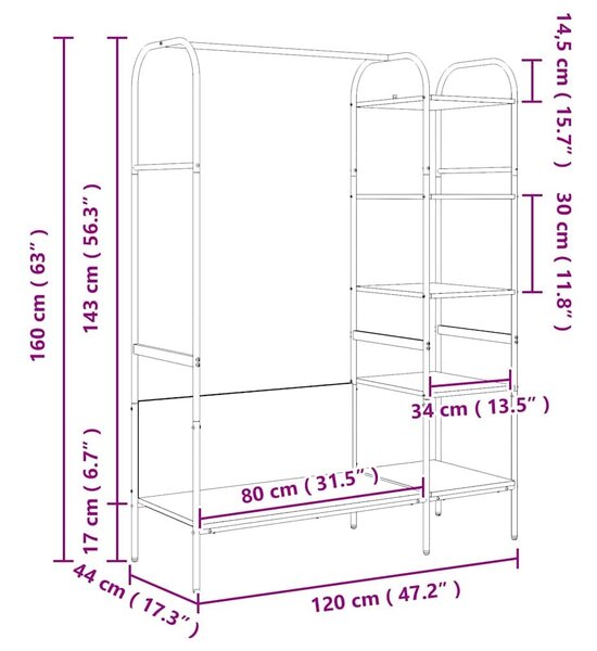 VidaXL Ruhafogó polcokkal tárolóval Barna 120 x 44 x 160 cm Faanyag