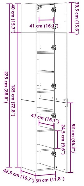 VidaXL Polcos tárolószekrény Antik Fa 30 x 42,5 x 225 cm Szerelt Fa