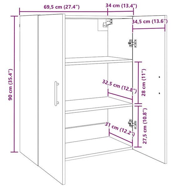 VidaXL Fali szekrény 2 db Fekete tölgy 69,5 x 34 x 90 cm Szerelt Fa