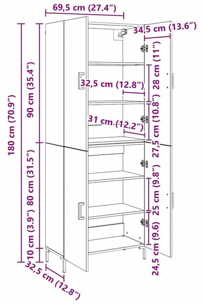 VidaXL Magasfiú Régi fa 69,5 x 34 x 180 cm Szerelt Fa