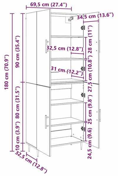 VidaXL Magasfiú Régi fa 69,5 x 34 x 180 cm Szerelt Fa