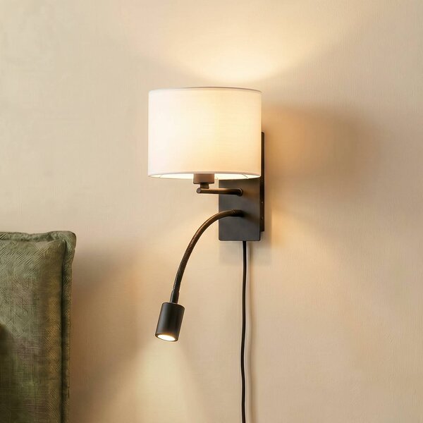 Lindby Florens fali világítás, fekete, LED-es olvasólámpa, 23,5 cm, dimmelhető, Fehér / opál, Nappali / Étkező, Textil / szövet / selyem, Modern