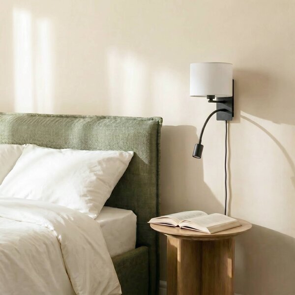 Lindby Florens fali világítás, fekete, LED-es olvasólámpa, 23,5 cm, dimmelhető, Fehér / opál, Nappali / Étkező, Textil / szövet / selyem, Modern