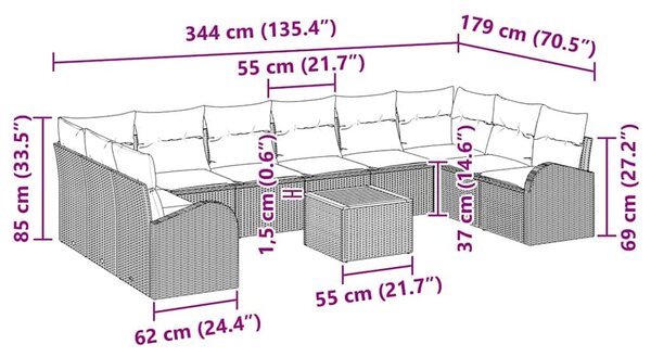 VidaXL Kerti Kanapé Szett párnával 11 pcs Fekete polirattan
