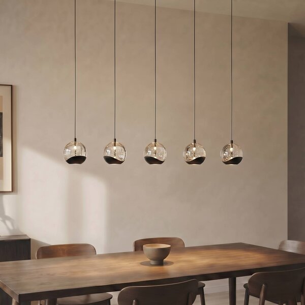 Lucande LED függő lámpa Hayley, fekete, 5 izzós, hosszúkás, Tiszta / átlátszó, Nappali / Étkező, Üveg, Modern